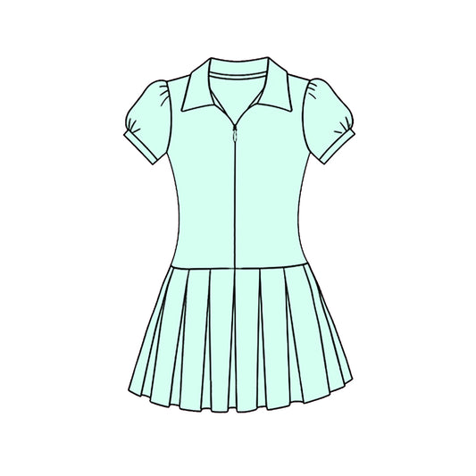 C11.22 GSD3208 Baby Girls Light Blue Short Sleeve Zipper Pleated Yoga Knee Length Dresses Preorder