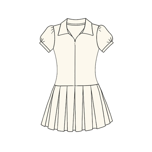 C11.22 GSD3209 Baby Girls White Short Sleeve Zipper Pleated Yoga Knee Length Dresses Preorder
