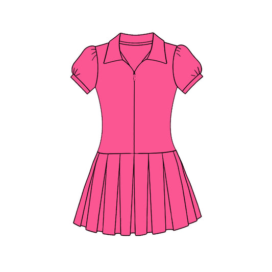 C11.22 GSD3211 Baby Girls Hot Pink Short Sleeve Zipper Pleated Yoga Knee Length Dresses Preorder