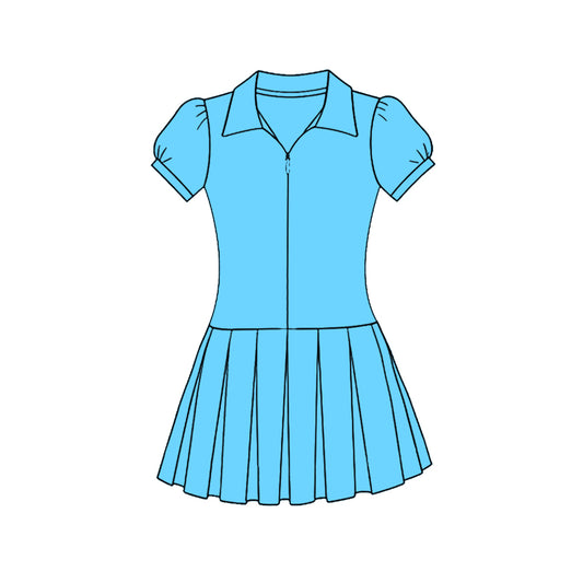 C11.22 GSD3212 Baby Girls Blue Short Sleeve Zipper Pleated Yoga Knee Length Dresses Preorder