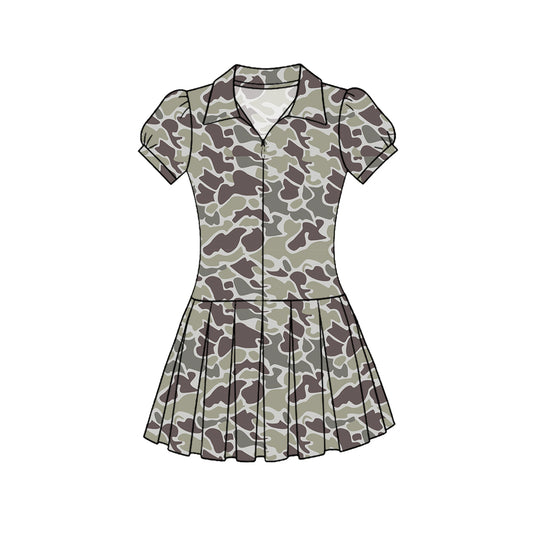 C11.22 GSD3214 Baby Girls Southern Grey Camo Zipper Pleated Yoga Knee Length Dresses Preorder