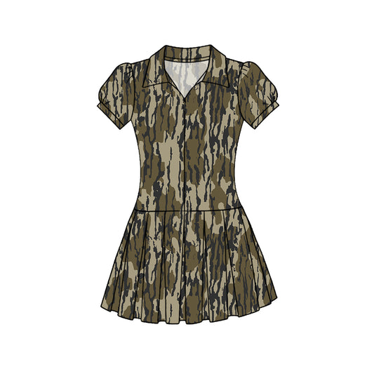 C11.22 GSD3215 Baby Girls Southern Olive Camo Zipper Pleated Yoga Knee Length Dresses Preorder