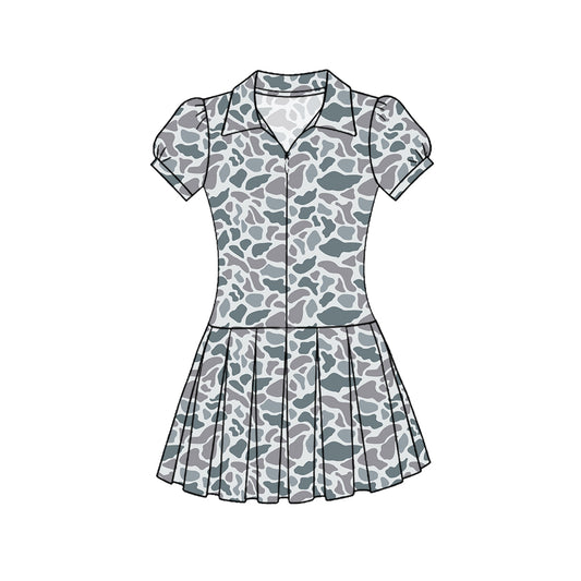 C11.22 GSD3216 Baby Girls Southern Light Grey Camo Zipper Pleated Yoga Knee Length Dresses Preorder