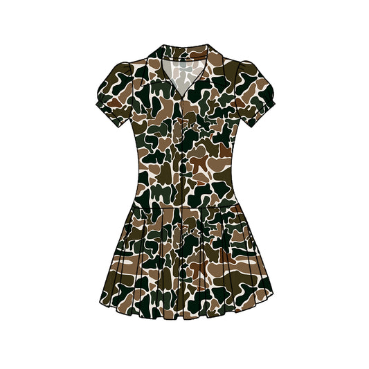 C11.22 GSD3218 Baby Girls Southern Dark Brown Camo Zipper Pleated Yoga Knee Length Dresses Preorder