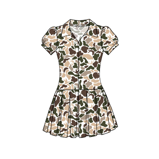 C11.22 GSD3219 Baby Girls Dog Ducks Deer Camo Zipper Pleated Hunting Yoga Knee Length Dresses Preorder