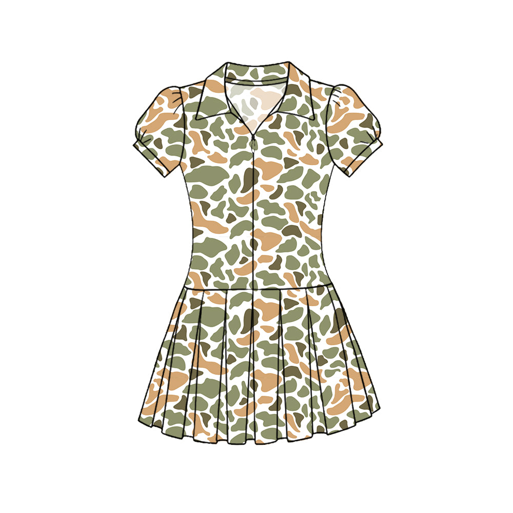 C11.22 GSD3220 Baby Girls Southern Orange Camo Zipper Pleated Yoga Knee Length Dresses Preorder