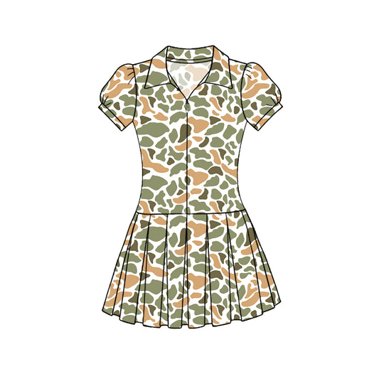 C11.22 GSD3220 Baby Girls Southern Orange Camo Zipper Pleated Yoga Knee Length Dresses Preorder