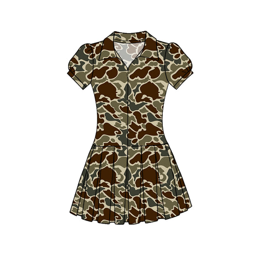 C11.22 GSD3221 Baby Girls Southern Dark Khaki Camo Zipper Pleated Yoga Knee Length Dresses Preorder