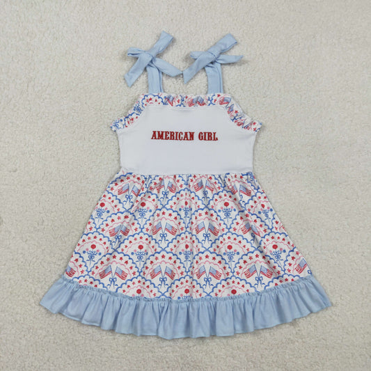 RTS GSD3239 Embroidery American Girls Strap Bows Flags 4th of July Ruffle Knee Length Dress