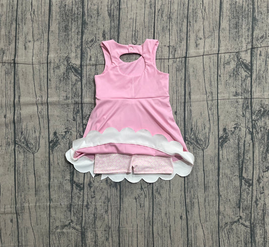 Sample GSD3315 Cute Yoga fabric Baby Girls Pink Sleeveless Bows Yoga Ruffle Shorts Knee Length Dresses
