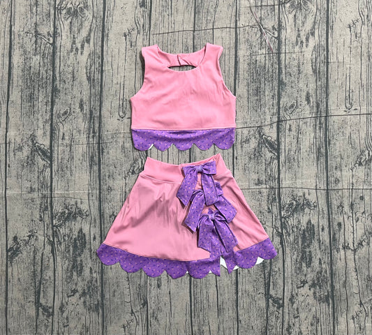 Sample GSD3319 Cute Yoga fabric Baby Girls Pink Sleeveless Vest Top Bows Skirt Shorts Yoga Clothes Sets