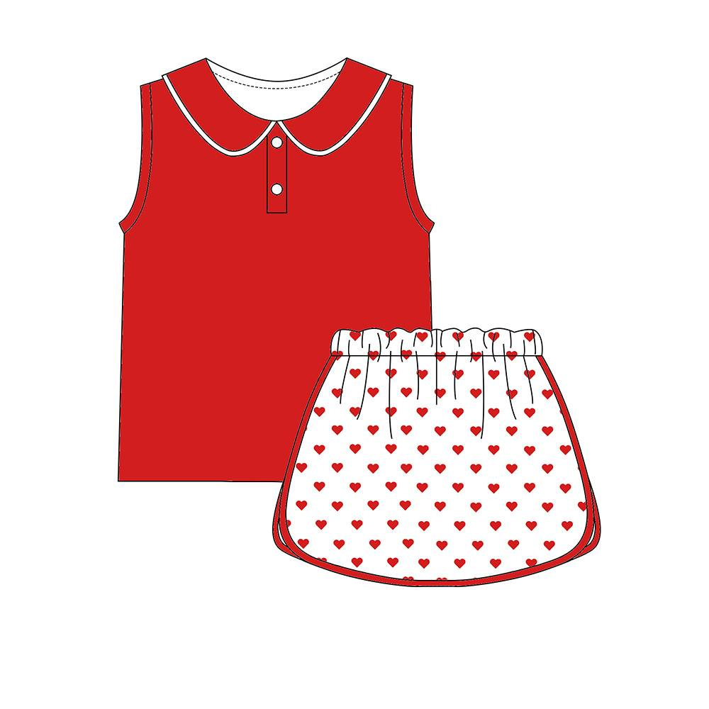 C12.6 GSD3372 Baby Girls Red Button Collar Top Hearts Skirt Shorts Valentines Yoga Clothes Sets Preorder