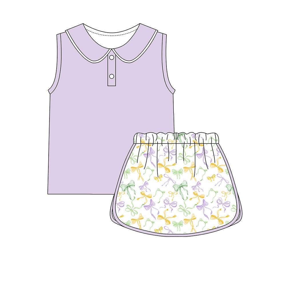 C12.6 GSD3373 Baby Girls Lavender Button Collar Top Mardigras Bows Skirt Shorts Yoga Clothes Sets Preorder