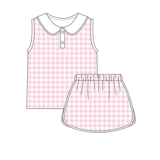 C12.6 GSD3374 Baby Girls Pink Checked Button Collar Top Skirt Shorts Yoga Clothes Sets Preorder