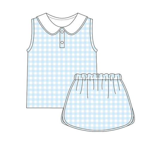 C12.6 GSD3375 Baby Girls Blue Checked Button Collar Top Skirt Shorts Yoga Clothes Sets Preorder