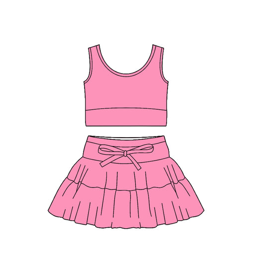 C12.6 GSD3377 Baby Girls Pink Sleeveless Vests Top Ruffle Skirt Shorts Yoga Clothes Sets Preorder