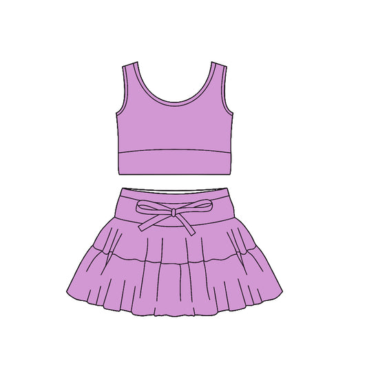 C12.6 GSD3378 Baby Girls Purple Sleeveless Vests Top Ruffle Skirt Shorts Yoga Clothes Sets Preorder