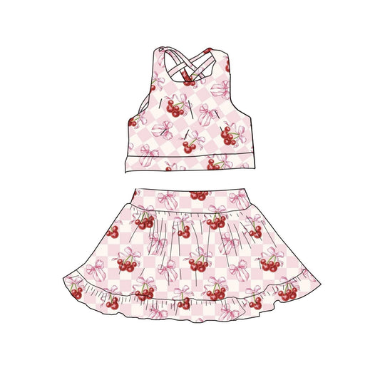 C12.5 GSD3379 Baby Girls Pink Checked Bow Cherry Vests Skirt Shorts Yoga Clothes Sets Preorder