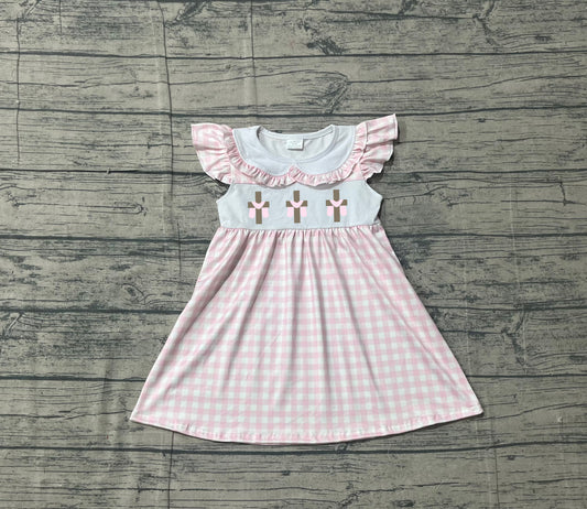Sample GSD3382 Cute Baby Girls Pink Checked Crosses Easter Collar Knee Length Dresses