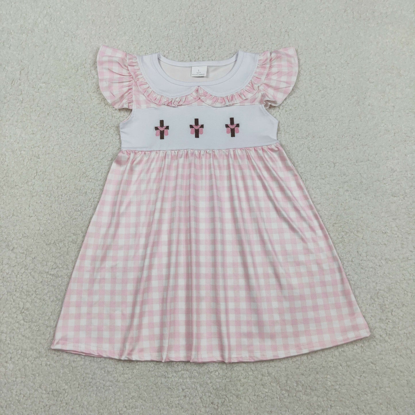 RTS GSD3382 Embroidery Crosses Baby Girls Pink Checked Easter Collar Knee Length Dresses