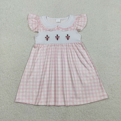 RTS GSD3382 Embroidery Crosses Baby Girls Pink Checked Easter Collar Knee Length Dresses