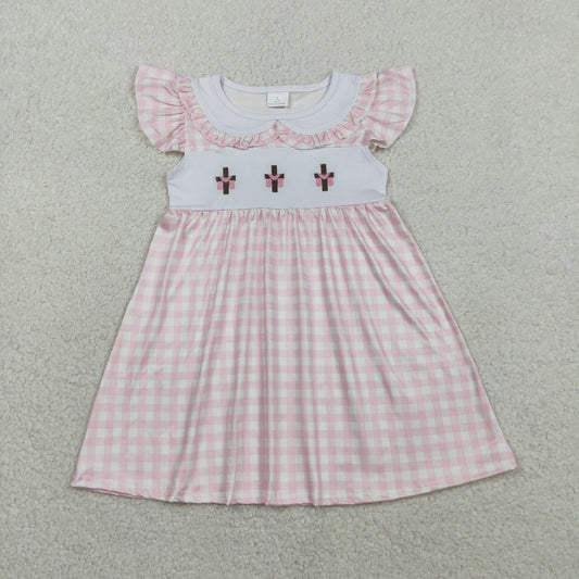 RTS GSD3382 Embroidery Crosses Baby Girls Pink Checked Easter Collar Knee Length Dresses