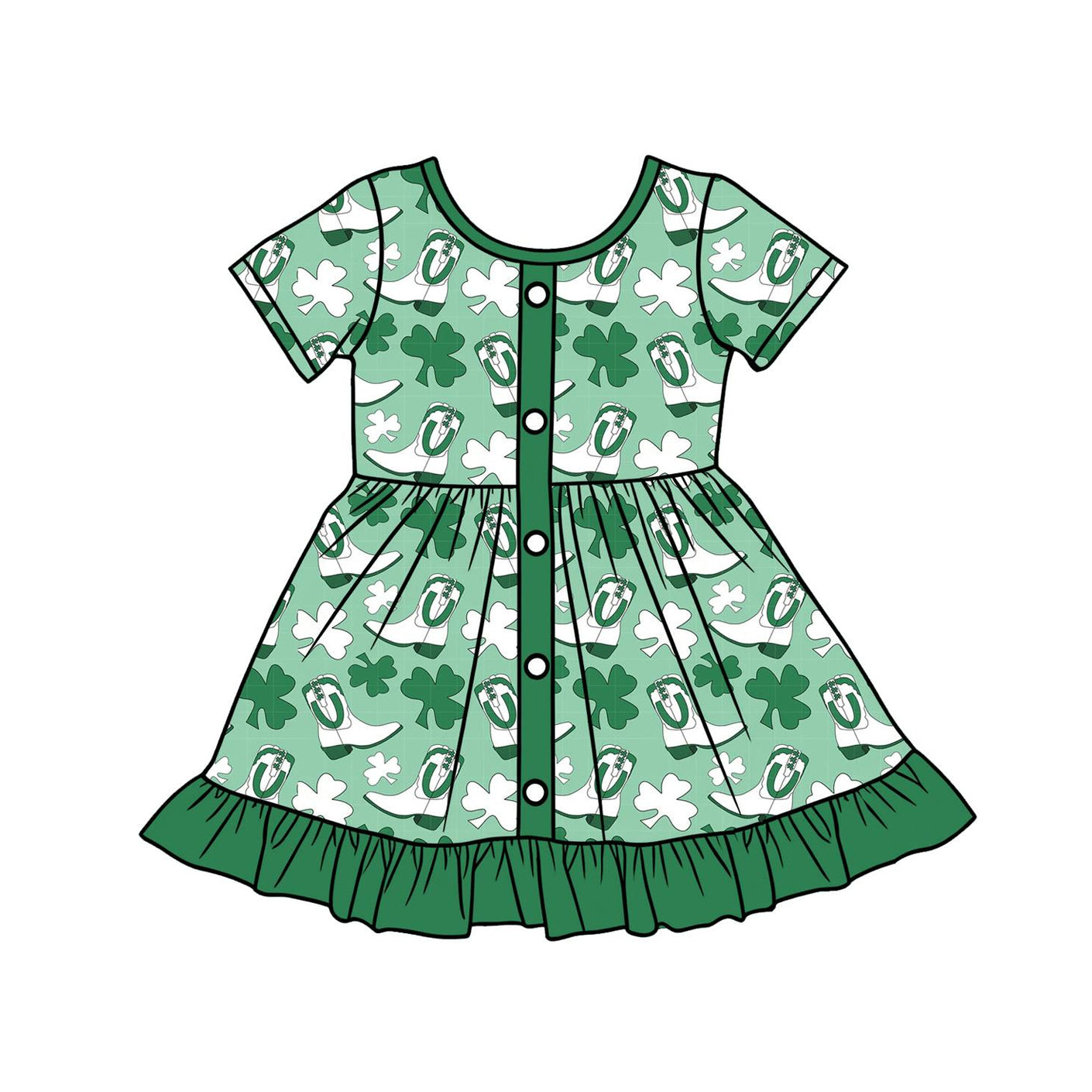 C12.10 GSD3404 Baby Girls Short Sleeve Clovers Boots St Patrick Ruffle Knee Length Dresses Preorder