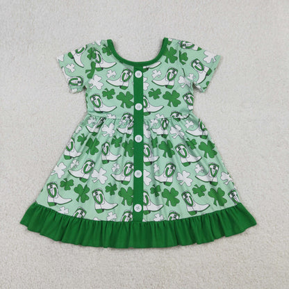 RTS GSD3404 Baby Girls Green Clovers Boots St Patrick Ruffle Knee Length Dresses