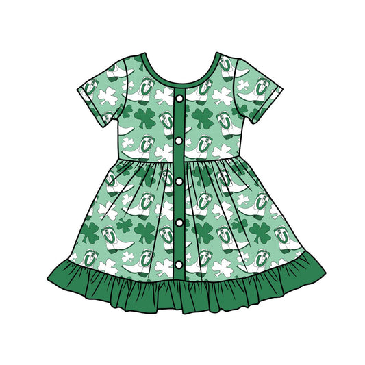 C12.10 GSD3404 Baby Girls Short Sleeve Clovers Boots St Patrick Ruffle Knee Length Dresses Preorder