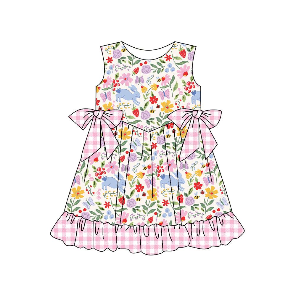 C12.10 GSD3405 Baby Girls Colorful Rabbit Flowers Bows Easter Ruffle Knee Length Dresses Preorder