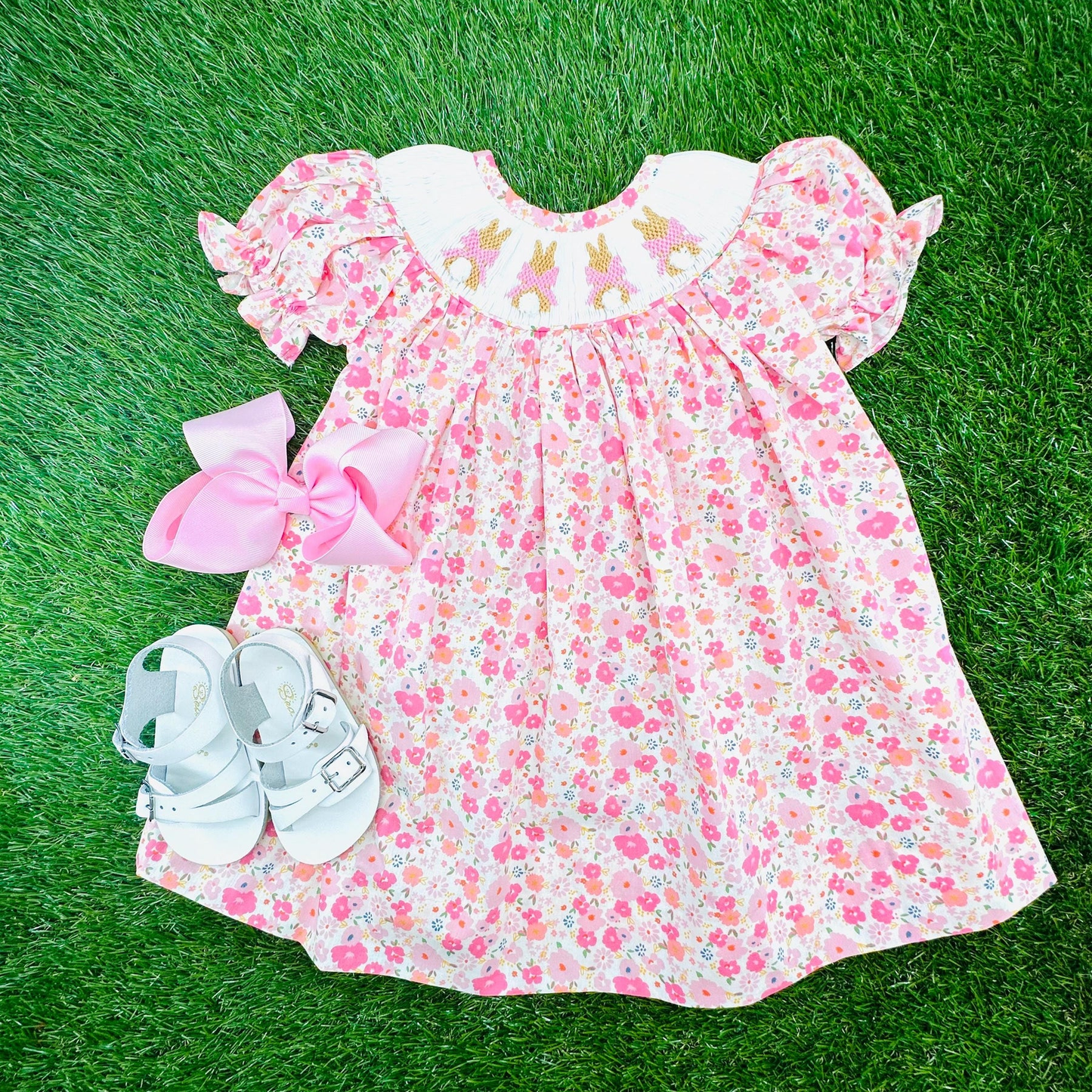 C12.10 GSD3406 Baby Girls Pink Bows Rabbits Flowers Easter Knee Length Dresses Preorder