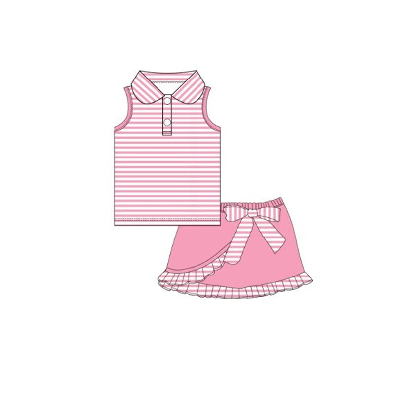 C12.10 GSD3408 Baby Girls Pink Stripe Button Vest Top Ruffle Skirt Shorts Clothes Sets Preorder