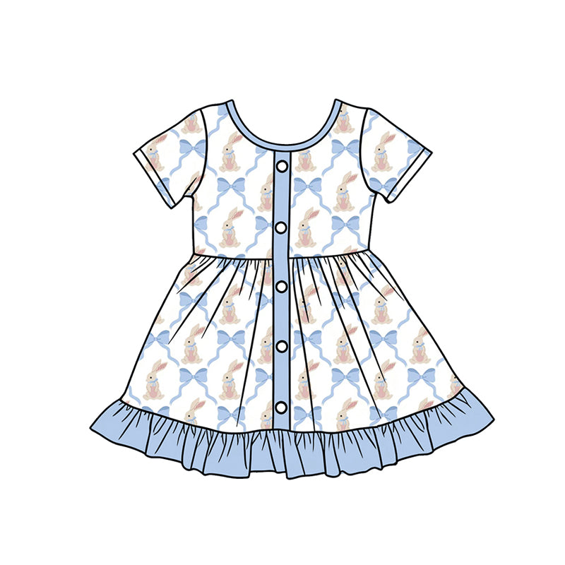 C12.13 GSD3416 Baby Girls Bows Rabbits Checked Button Ruffle Easter Knee Length Dresses Preorder