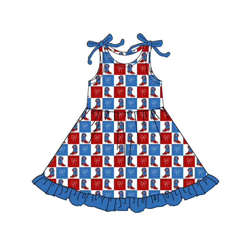 C12.15 GSD3417 Baby Girls Red Blue Bows Boots Checked 4th of July Ruffle Knee Length Dresses Preorder