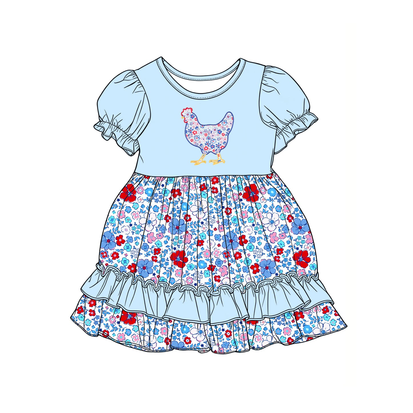 C12.15 GSD3418 Baby Girls Colorful Floral Chick Farm Ruffle Knee Length Dresses Preorder