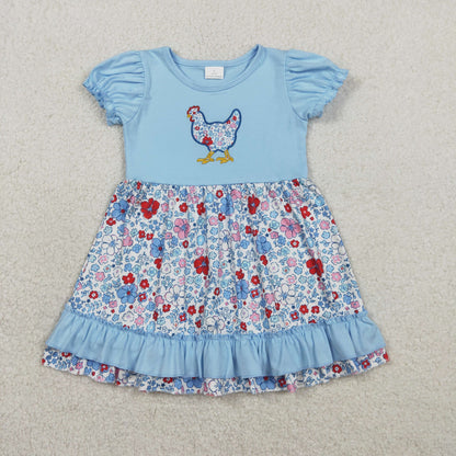RTS GSD3418 Embroidery Floral Chick Baby Girls Farm Ruffle Knee Length Dresses