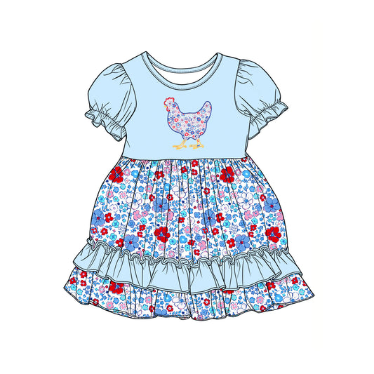 C12.15 GSD3418 Baby Girls Colorful Floral Chick Farm Ruffle Knee Length Dresses Preorder