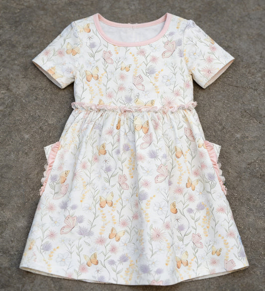 C12.15 GSD3419 Baby Girls Colorful Flowers Butterfly Pockets Knee Length Dresses Preorder