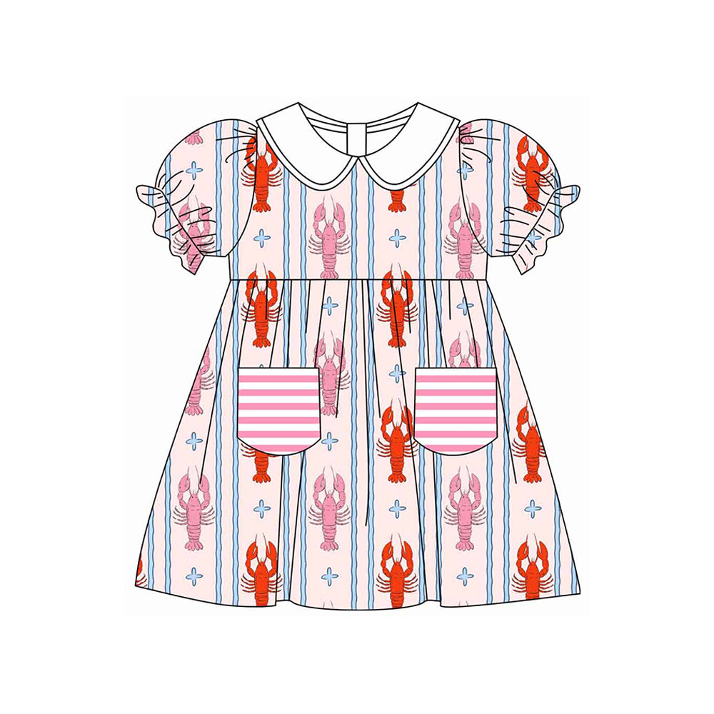 C12.13 GSD3420 Baby Girls Crayfishes Stripe Collar Pockets 4th of July Knee Length Dresses Preorder