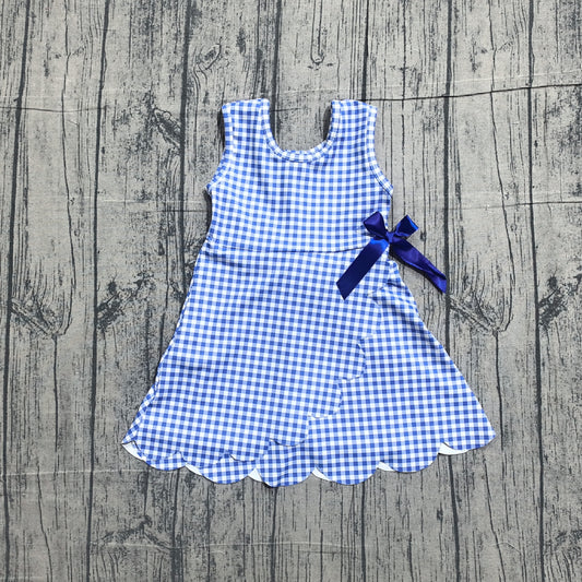 Sample GSD3427 Cute Yoga fabric Baby Girls Blue Checked Yoga Active Ruffle Shorts Knee Length Dresses