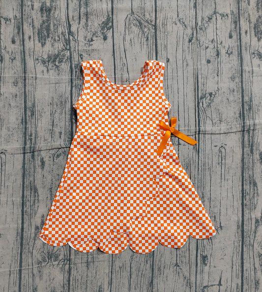 Sample GSD3428 Cute Yoga fabric Baby Girls Orange Checked Yoga Active Ruffle Shorts Knee Length Dresses