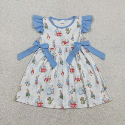 RTS GSD3452 Baby Girls Flutter Sleeve Rabbits Bows Easter Knee Length Dresses