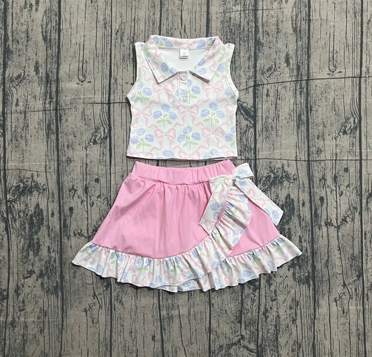 Sample GSD3478 Cute Yoga fabric Baby Girls Pink Bows Flowers Checked Button Top Ruffle Skirt Shorts Yoga Clothes Sets