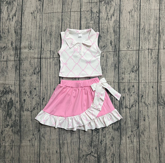 Sample GSD3479 Cute Yoga fabric Baby Girls Pink Bows Checked Button Top Ruffle Skirt Shorts Yoga Clothes Sets