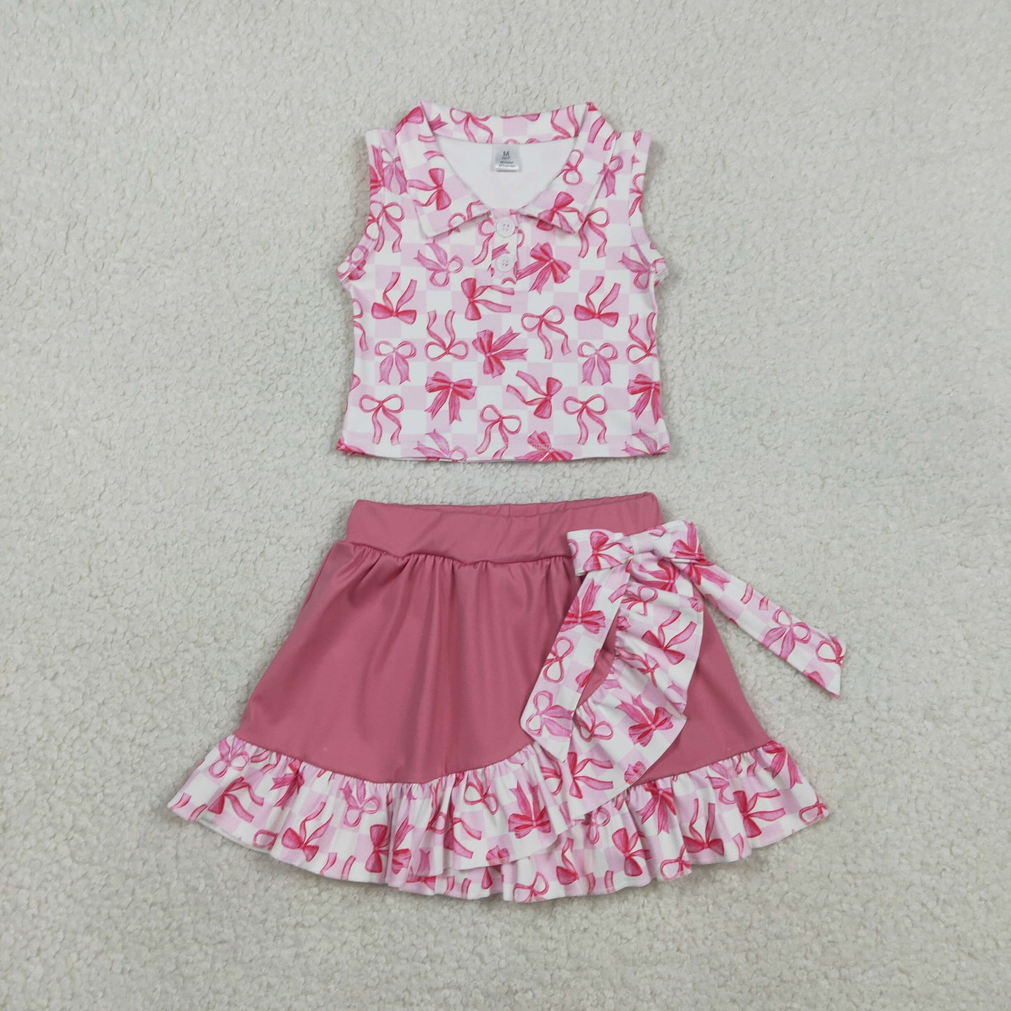 RTS GSD3480 Baby Girls Bows Checked Button Top Ruffle Skirt Shorts Yoga Active Clothes Sets