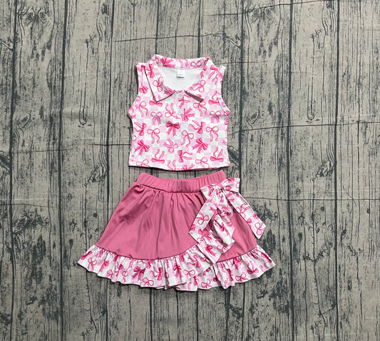 Sample GSD3480 Cute Yoga fabric Baby Girls Pink Checked Bows Button Top Ruffle Skirt Shorts Yoga Clothes Sets