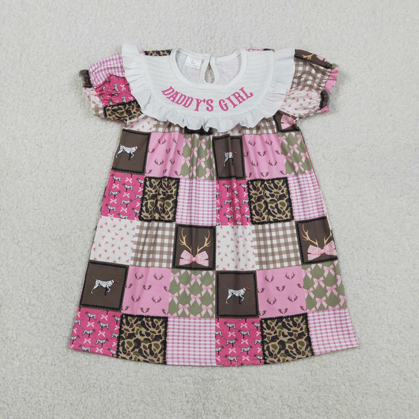 RTS GSD3484 Smocked Daddy's Girls Deer Dogs Bows Checked Hunting Knee Length Dresses