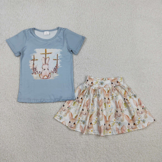 RTS GSD3486 Baby Girls Short Sleeve Crosses Rabbit Top Skirt Shorts Easter Clothes Sets