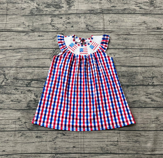 Sample GSD3506 Cute Baby Girls Red Blue Checked Flags 4th of July Ruffle Knee Length Dress