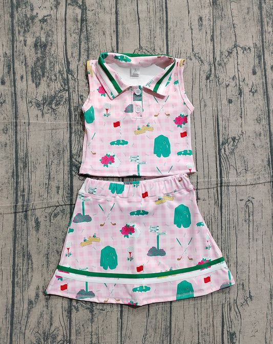 Sample GSD3520 Cute Yoga fabric Baby Girls Pink Checked Golf Flags Button Top Skirt Short Yoga Active Clothes Sets